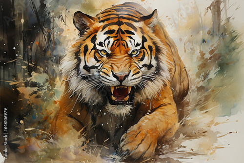 Tiger in the forest drawn with watercolor