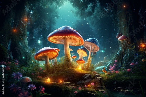 Mystical 4k wallpaper of mushrooms and jungle, enhanced by a mushroom light. Generative AI