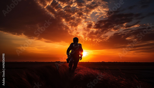 Muscular athlete cycling in tranquil rural landscape at sunset generated by AI