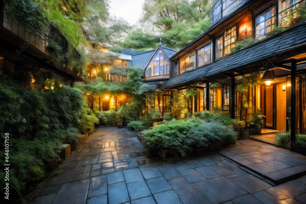 Digital photo of a beautiful apartment in cozy medieval alley with a lot of greenery growing on the facade, dreamy biophilic design