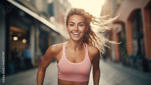 Positive pretty girl with an athletic figure. Healthy lifestyle and fitness concept. Copy space