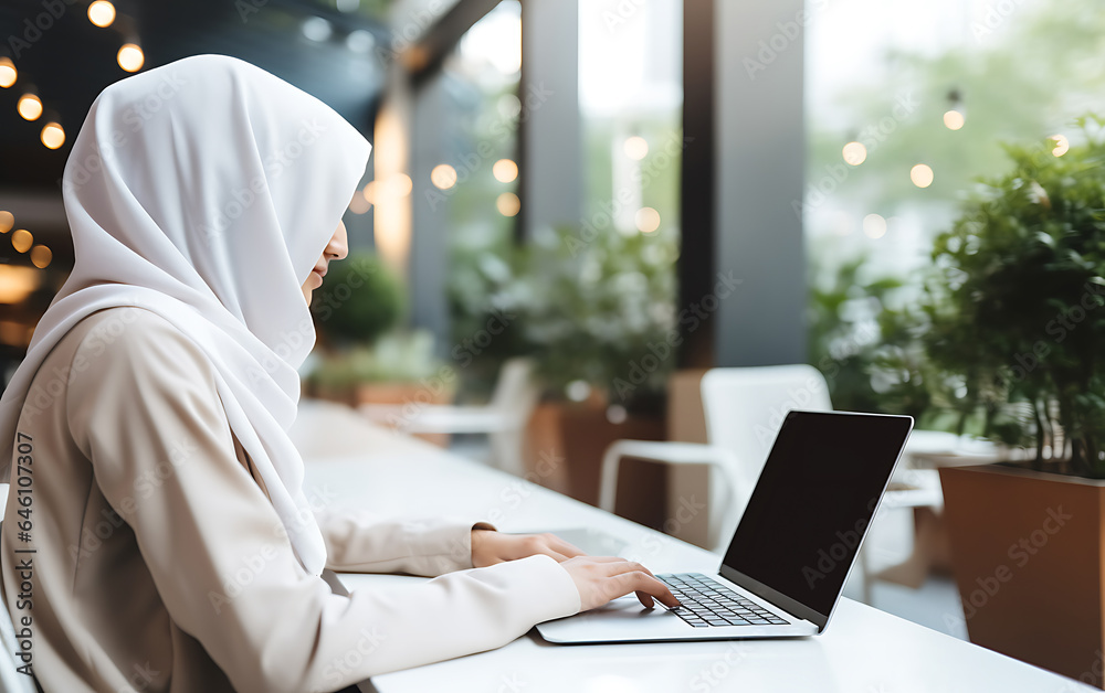 Young arab woman in hijab using blank screen laptop in cafe, remote work concept Young arab woman in hijab using blank screen laptop in cafe, remote work concept