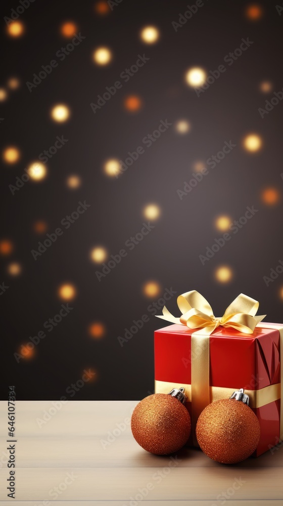 Christmas balls, gift box with decoration background, Bright color, ultra realistic, copy space Christmas balls, gift box with decoration background, Bright color, ultra realistic, copy space