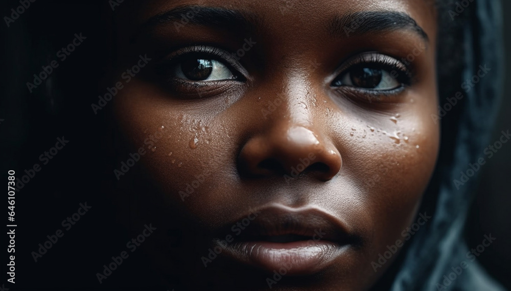 Young African woman with wet brown hair smiling confidently at camera generated by AI Young African woman with wet brown hair smiling confidently at camera generated by AI
