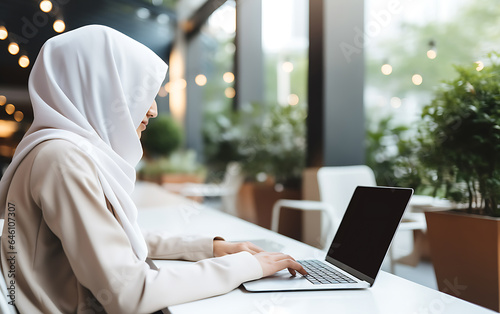 Young arab woman in hijab using blank screen laptop in cafe, remote work concept