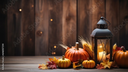 Wooden Table With Lantern And Candles Decorated With Pumpkins  Corncobs  Apples And Gourds With Wooden Background - Thanksgiving  Harvest Concept  Copy space