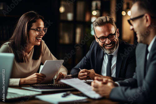 three office executive discussing and enjoying their work time  photo