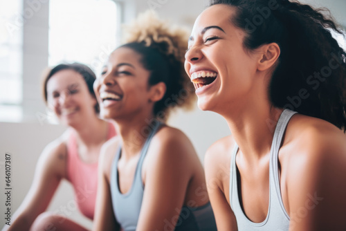 Group of young women smiling during yoga or pilates exercise in yoga hall
