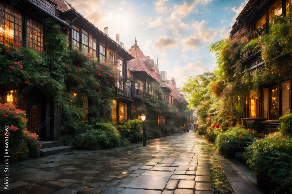 Digital photo of a beautiful apartment in cozy medieval alley with a lot of greenery growing on the facade, dreamy biophilic design Digital photo of a beautiful apartment in cozy medieval alley with a lot of greenery growing on the facade, dreamy biophilic design