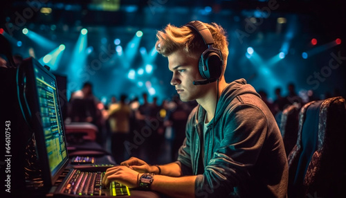 Young adult males in nightclub listening to musician performance generated by AI