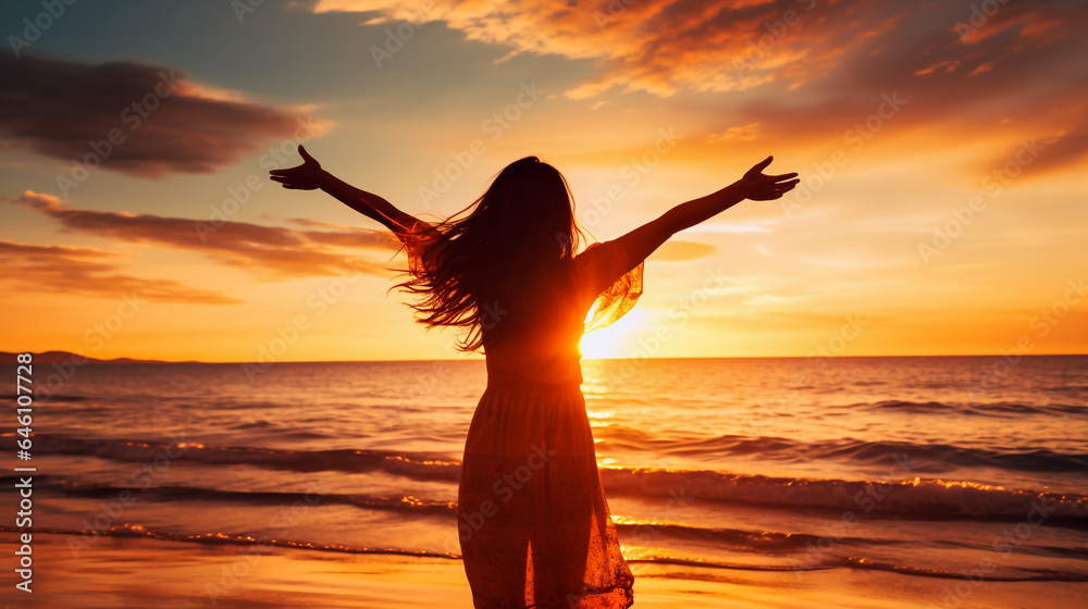 A happy woman with arms up enjoy freedom at the beach at sunset
