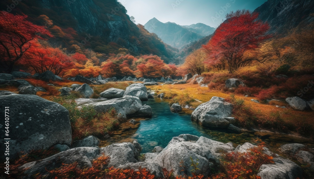 Tranquil scene of autumn forest, mountain peak, and flowing water generated by AI