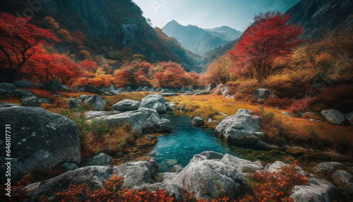 Tranquil scene of autumn forest, mountain peak, and flowing water generated by AI