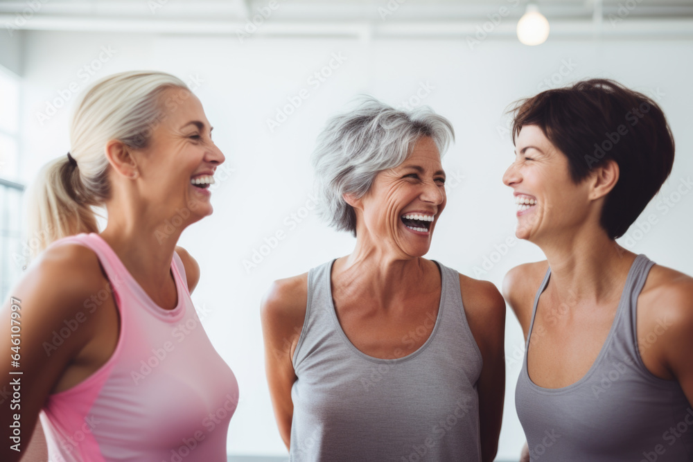 Senior women talking and smiling after exercise in the gym. Senior women talking and smiling after exercise in the gym.