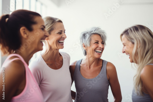  Senior women talking and smiling after exercise in the gym.