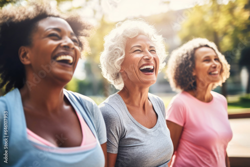  Senior women smiling during yoga or pilates  exercise outdoors © Jasmina