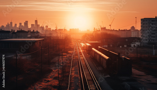 Sunset illuminates the urban skyline, blurred motion of transportation and machinery generated by AI