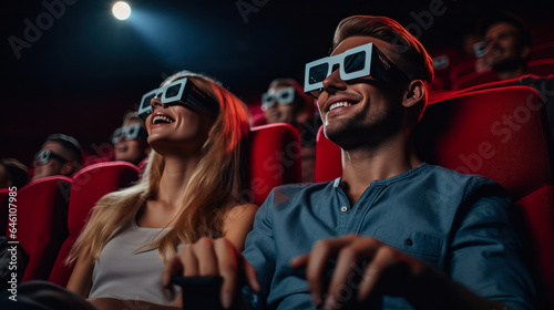 couple enjoying 3D cinema in a theater wearing 3D Glasses 
