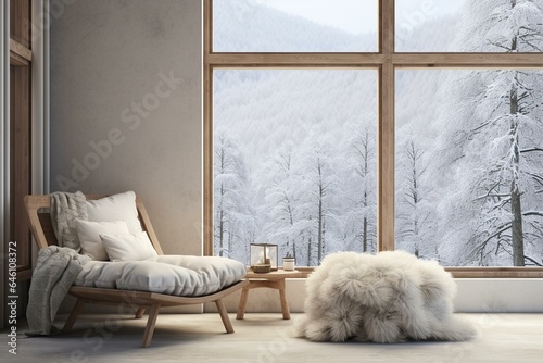 Minimalistic room features snowy view. Nordic style. 3D rendering. Generative AI
