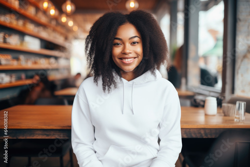  Beautiful black woman wearing white sweater and jeans, at cafe. Design sweater template, print presentation mockup