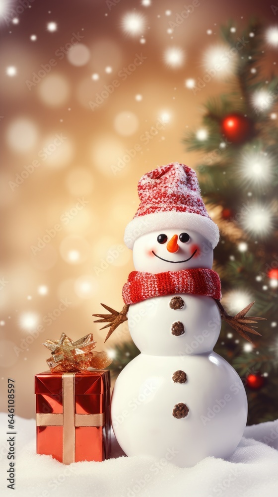 Snowman doll with Xmas tree and gift box decorations Christmas background, copy space Snowman doll with Xmas tree and gift box decorations Christmas background, copy space