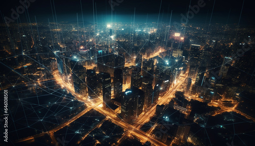 Glowing skyscrapers illuminate the futuristic city skyline at night generated by AI © Stockgiu