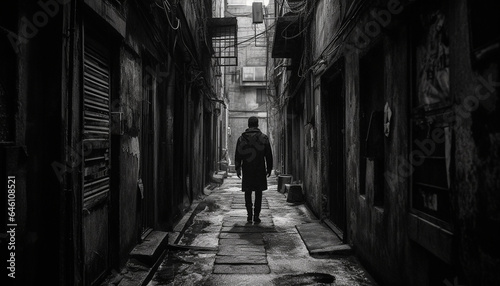 Solitary man walks through old  spooky city street at night generated by AI
