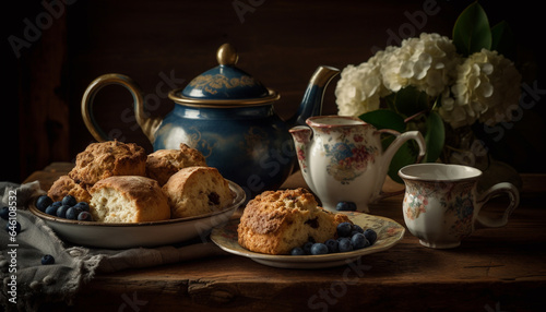 Homemade gourmet dessert on rustic table with fresh blueberries and tea generated by AI