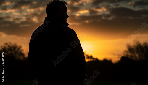 Silhouette of one man meditating at dusk in tranquil nature generated by AI
