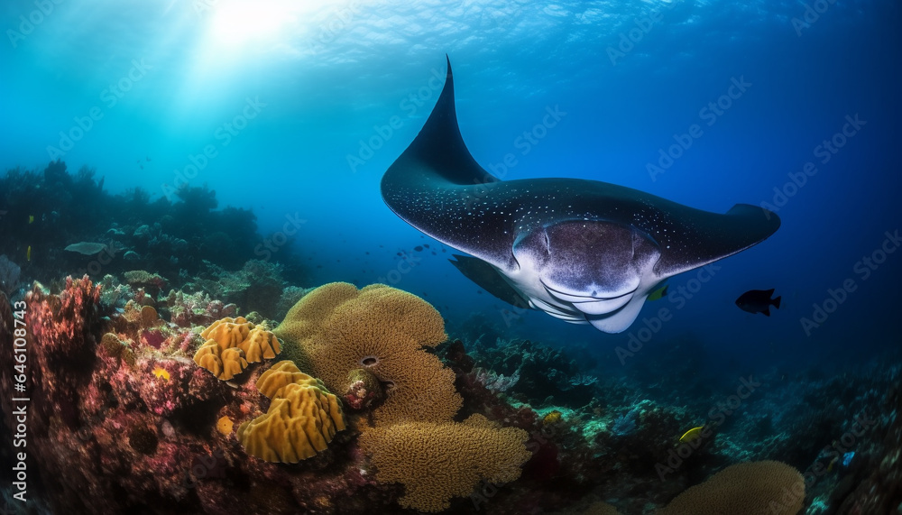Fototapeta premium Swimming with majestic dolphin in multi colored reef of Red Sea generated by AI