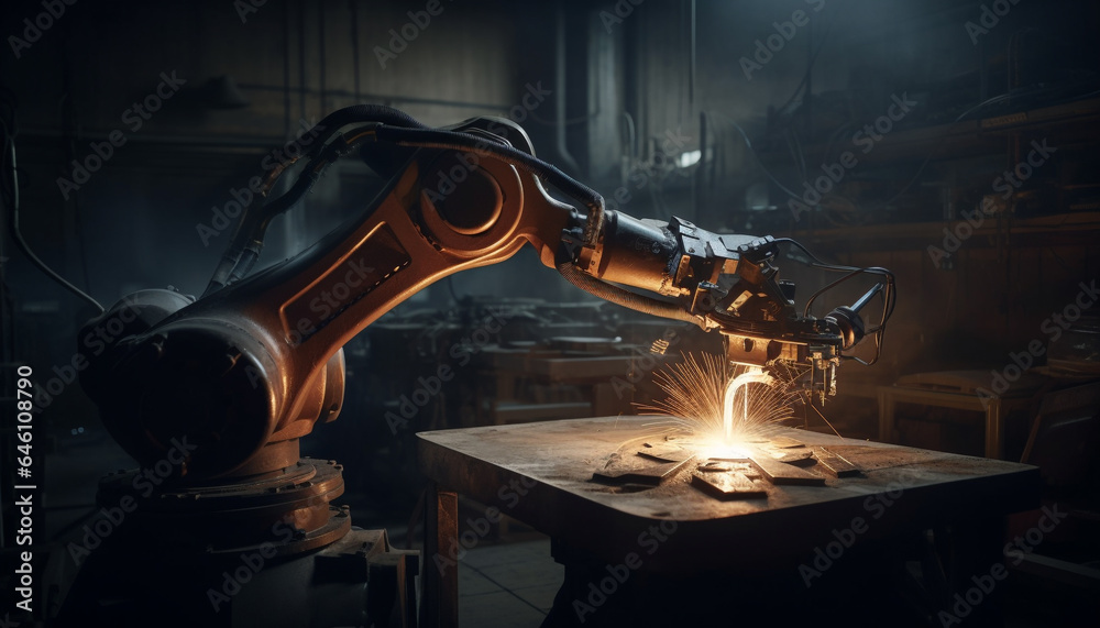 Robotic arm welding steel in futuristic automated metal industry workshop generated by AI