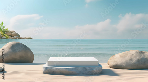 stone podium on beach background