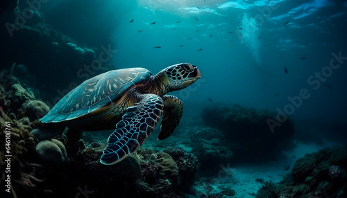 Endangered sea turtle swims in multi colored coral reef paradise generated by AI