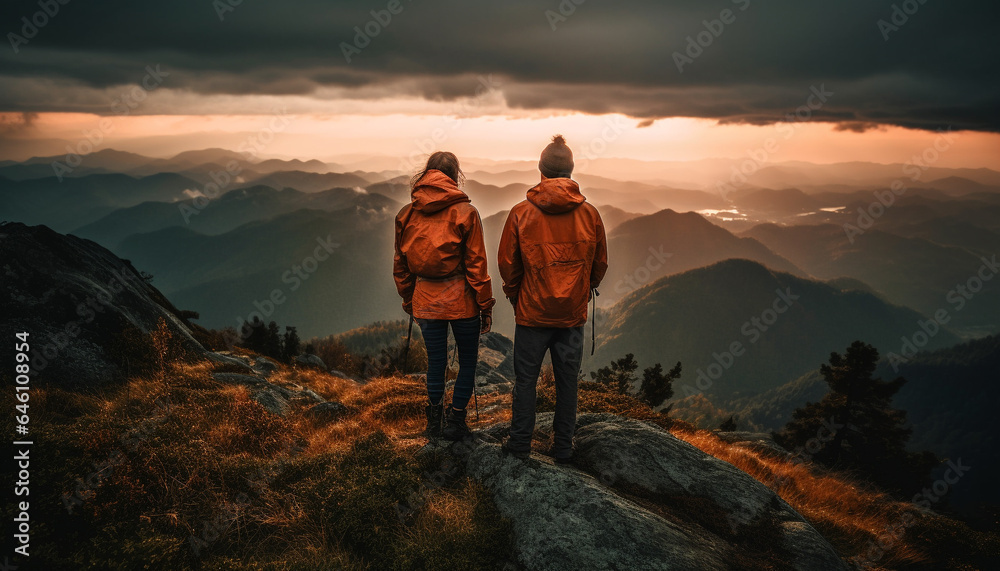 Two people hiking mountain peak, embracing nature beauty in autumn generated by AI