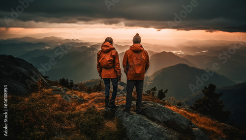 Two people hiking mountain peak, embracing nature beauty in autumn generated by AI