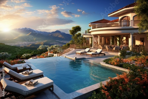 Beautiful villa with stunning pool & mountain view. Illustration. Generative AI