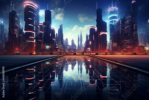 Futuristic cityscape with dark 3D cyber backdrop. Generative AI