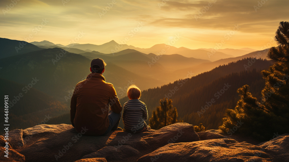 Father and son on the edge of the mountain