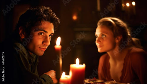 Two smiling adults enjoy candlelight, bonding in natural phenomenon generated by AI