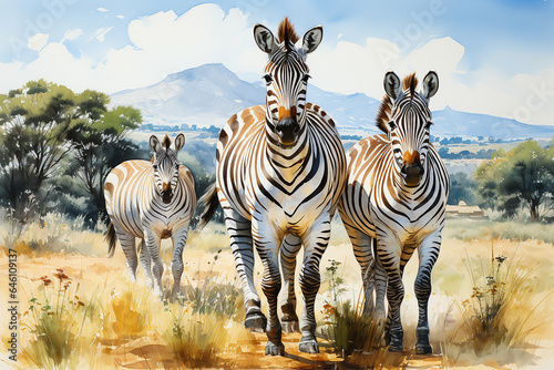 Zebra family in the wild drawn with watercolor