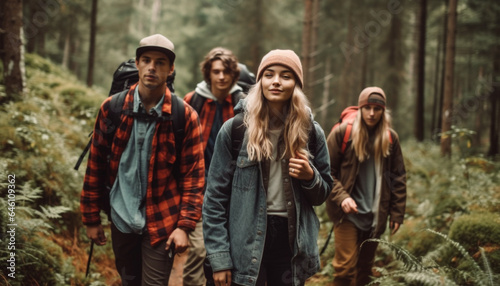 Young adults hiking in the forest, enjoying nature and togetherness generated by AI