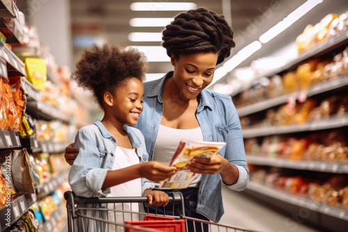 mother and daughter checking a product in the supermarket  photo