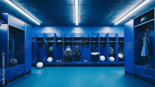 changing room with blue cabinets in the gym
