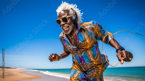 a black man enjoying music on the beach