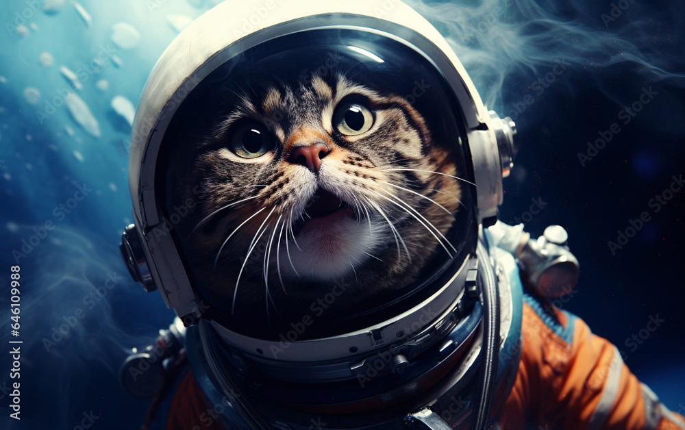 Cat astronaut in a spacesuit in outer space travels across the expanses of the universe Cat astronaut in a spacesuit in outer space travels across the expanses of the universe