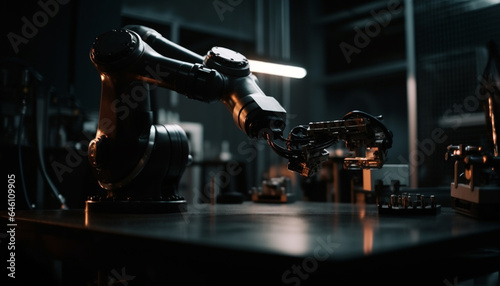 Robotic arm in futuristic factory manufacturing metallic work tool equipment generated by AI