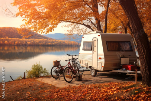 Trailer of mobile home, or recreational vehicle standing on the shore of a pond. Camping in the nature, and family travel concept.