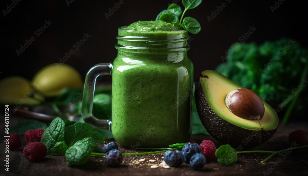 Organic smoothie bowl with avocado, berries, and mint refreshment generated by AI Organic smoothie bowl with avocado, berries, and mint refreshment generated by AI