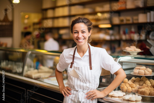 Happy small pastry shop owner, smiling proudly at her store. Cheerful female baker working at her shop