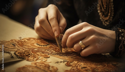 Elegant Caucasian woman holding gold jewelry, working on antique table generated by AI
